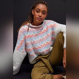 Anthropologie White Colorful Patterned Cozy Chunky Oversized Mock Neck Sweater